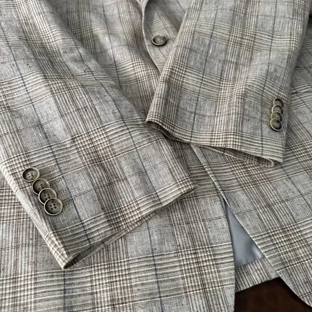 Joseph Abboud Paisley Linen Blazer Men 44S Slim Tan Plaid 2 Button Sport Coat